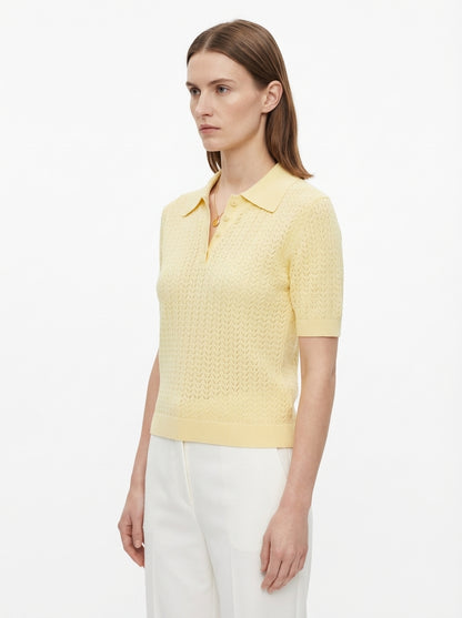 LadyLuxury | Pointelle Knit Polo - Short Sleeve Cotton-Blend Summer Sweater