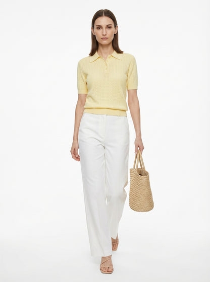 LadyLuxury | Pointelle Knit Polo - Short Sleeve Cotton-Blend Summer Sweater