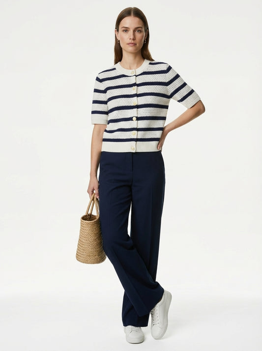 LadyLuxury | Striped Knit Short Sleeve Cardigan - Chic Nautical Button-Up Top