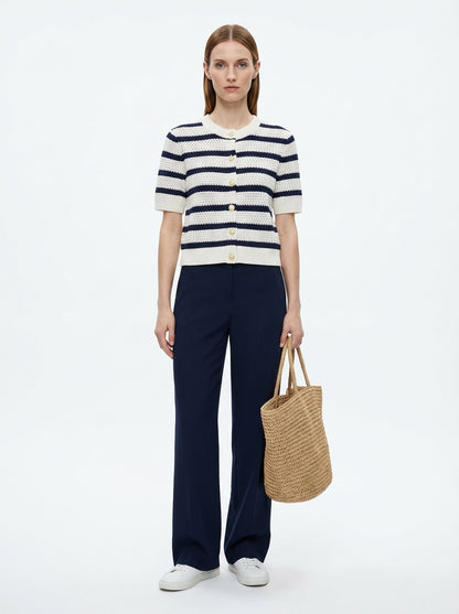 LadyLuxury | Striped Knit Short Sleeve Cardigan - Chic Nautical Button-Up Top