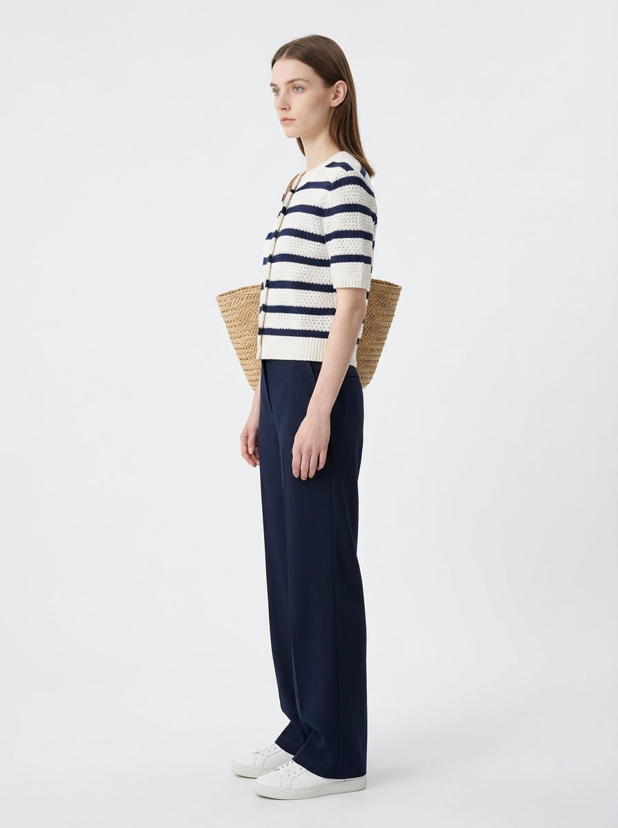 LadyLuxury | Striped Knit Short Sleeve Cardigan - Chic Nautical Button-Up Top