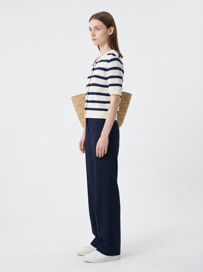 LadyLuxury | Striped Knit Short Sleeve Cardigan - Chic Nautical Button-Up Top