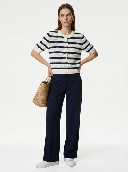 LadyLuxury | Striped Knit Short Sleeve Cardigan - Chic Nautical Button-Up Top