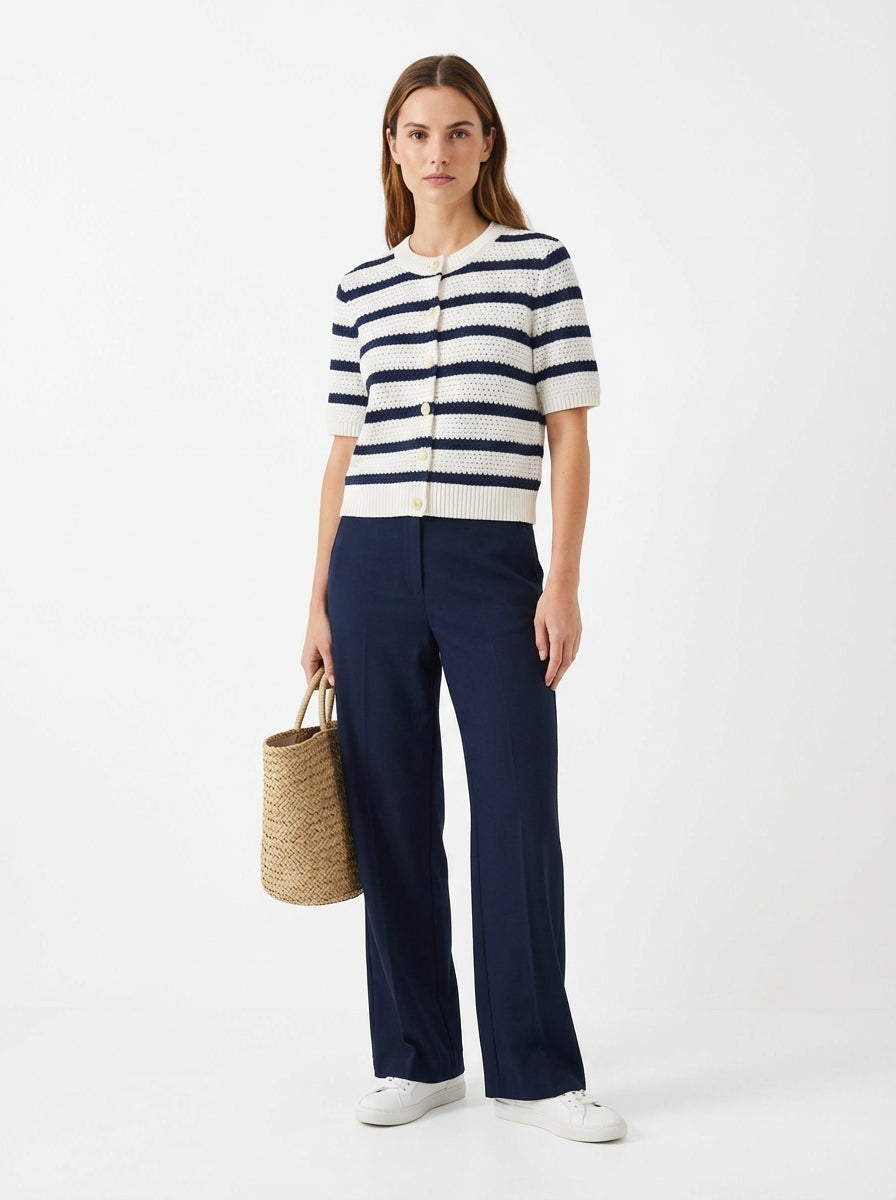 LadyLuxury | Striped Knit Short Sleeve Cardigan - Chic Nautical Button-Up Top