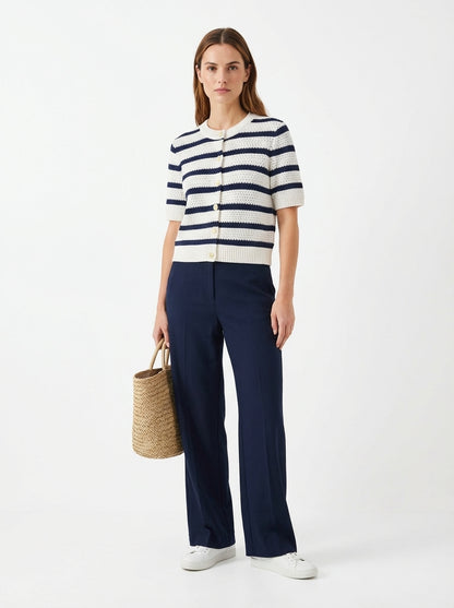 LadyLuxury | Striped Knit Short Sleeve Cardigan - Chic Nautical Button-Up Top