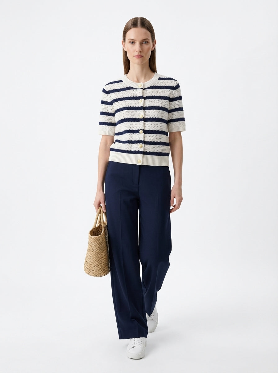 LadyLuxury | Striped Knit Short Sleeve Cardigan - Chic Nautical Button-Up Top