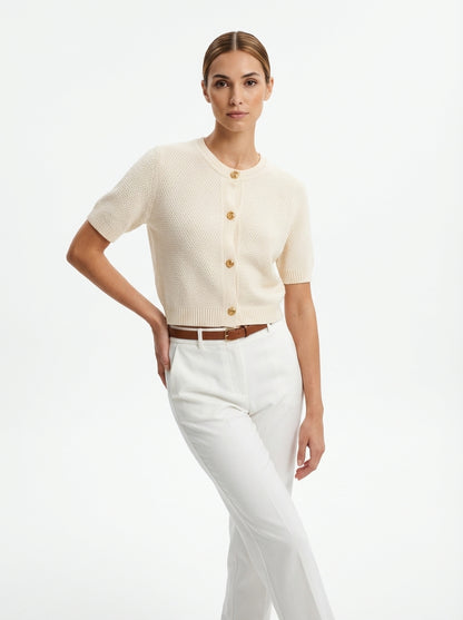 LadyLuxury | Textured Short-Sleeve Knit Cardigan - Old Money Aesthetic Gold Button Sweater in Apricot