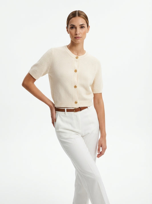 LadyLuxury | Textured Short-Sleeve Knit Cardigan - Old Money Aesthetic Gold Button Sweater in Apricot