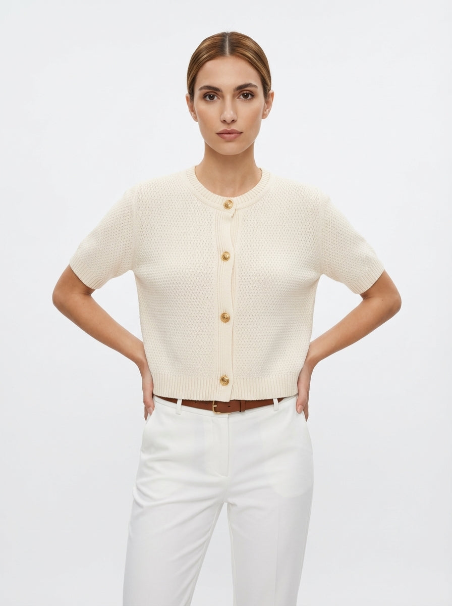 LadyLuxury | Textured Short-Sleeve Knit Cardigan - Old Money Aesthetic Gold Button Sweater in Apricot