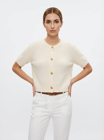 LadyLuxury | Textured Short-Sleeve Knit Cardigan - Old Money Aesthetic Gold Button Sweater in Apricot