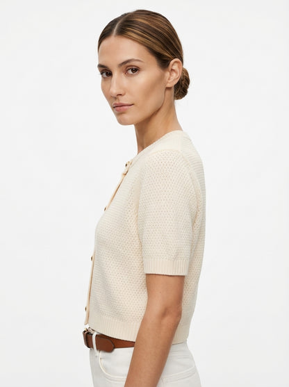 LadyLuxury | Textured Short-Sleeve Knit Cardigan - Old Money Aesthetic Gold Button Sweater in Apricot