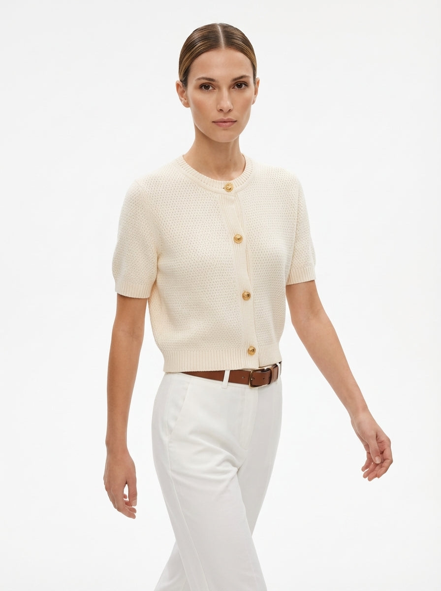 LadyLuxury | Textured Short-Sleeve Knit Cardigan - Old Money Aesthetic Gold Button Sweater in Apricot