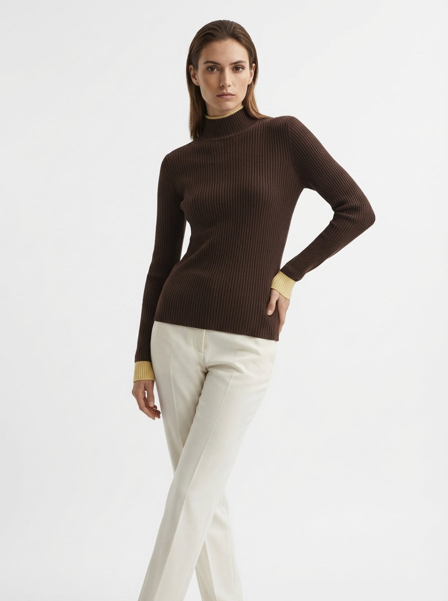 LadyLuxury | Two-Tone Ribbed Knit Turtleneck Sweater - Elegant Slim Fit Pullover
