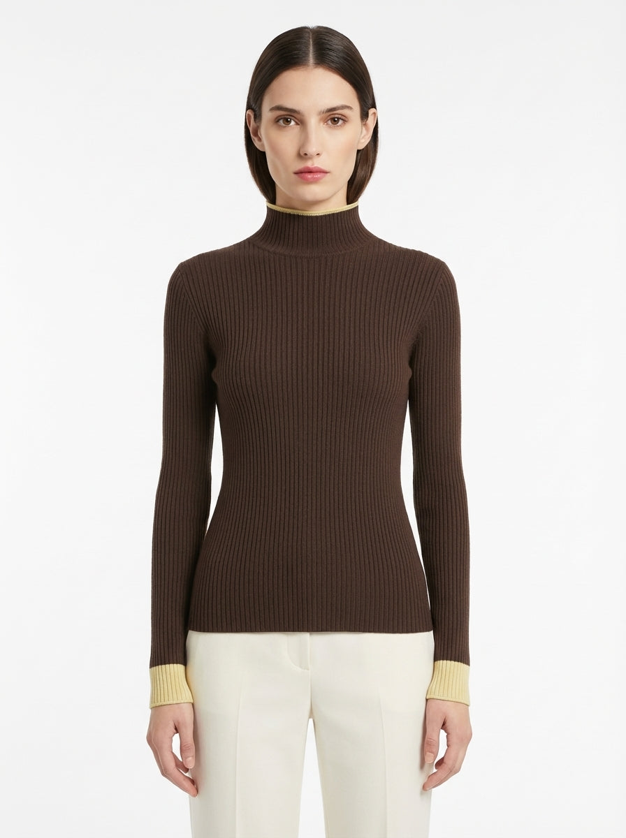 LadyLuxury | Two-Tone Ribbed Knit Turtleneck Sweater - Elegant Slim Fit Pullover