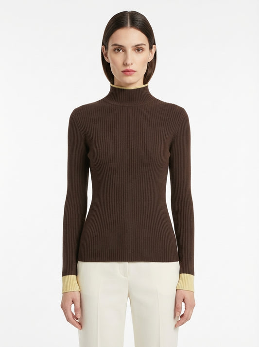 LadyLuxury | Two-Tone Ribbed Knit Turtleneck Sweater - Elegant Slim Fit Pullover