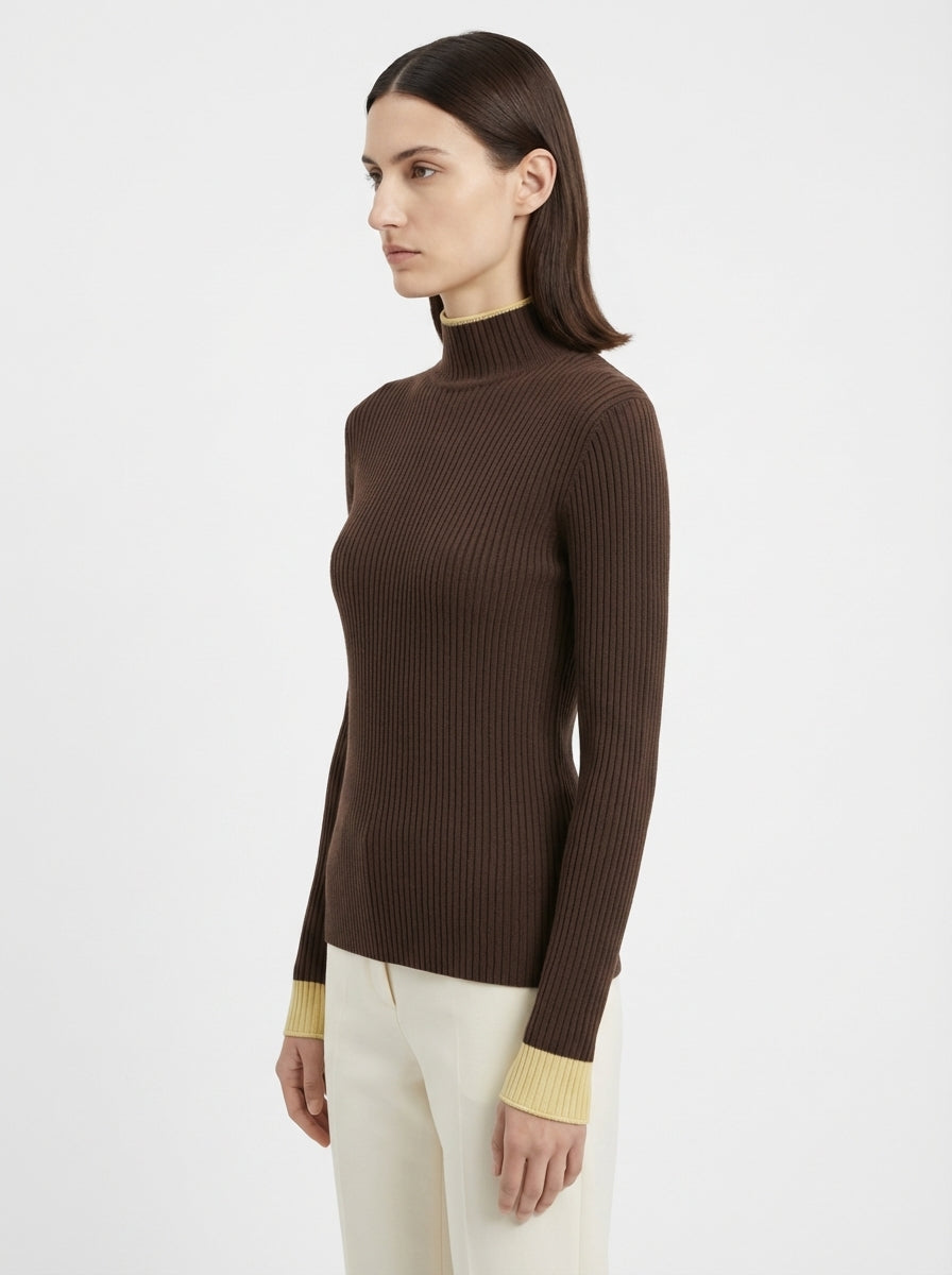 LadyLuxury | Two-Tone Ribbed Knit Turtleneck Sweater - Elegant Slim Fit Pullover