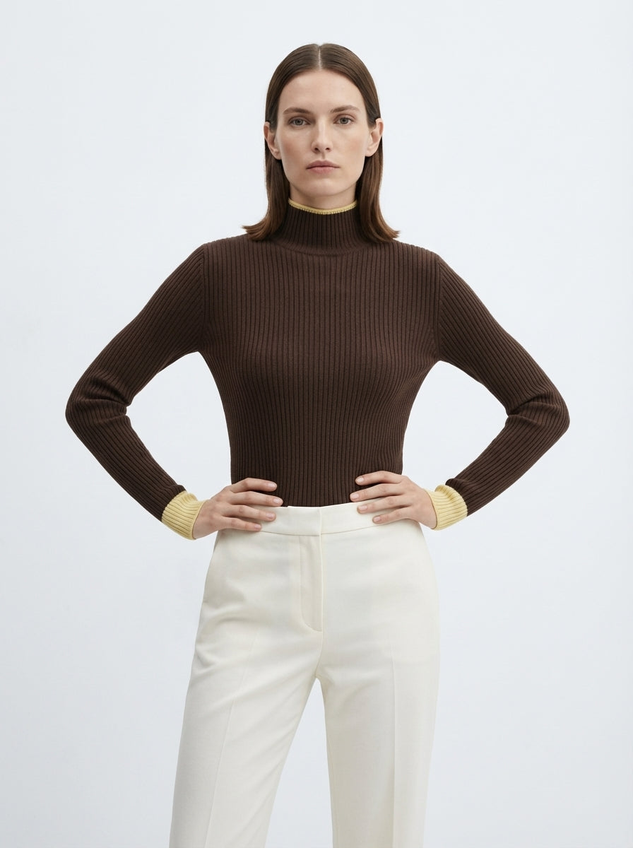 LadyLuxury | Two-Tone Ribbed Knit Turtleneck Sweater - Elegant Slim Fit Pullover