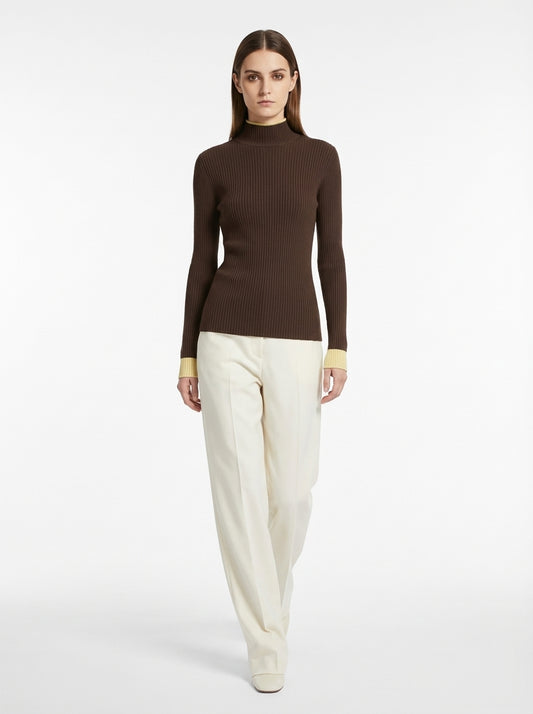 LadyLuxury | Two-Tone Ribbed Knit Turtleneck Sweater - Elegant Slim Fit Pullover