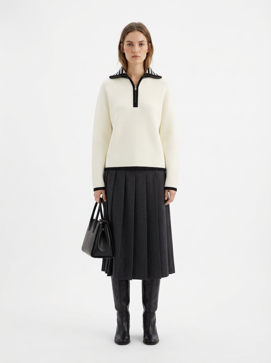 LadyLuxury | Minimalist Half-Zip Ribbed Sweater - Monochrome Relaxed Fit Knit