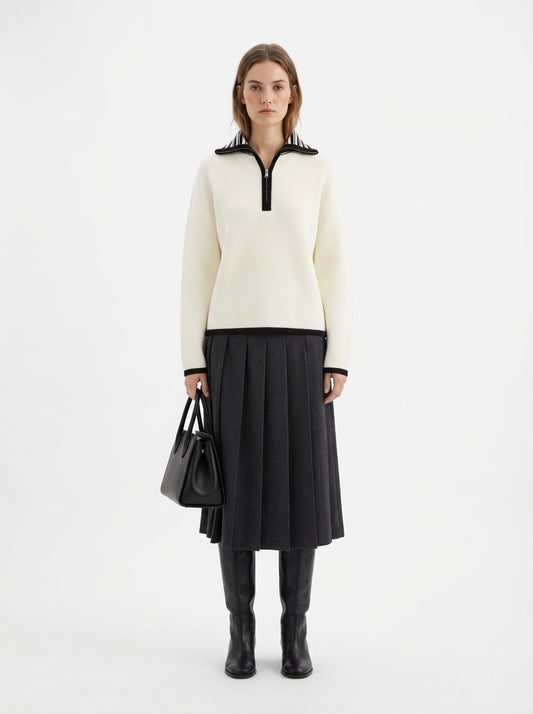 LadyLuxury | Minimalist Half-Zip Ribbed Sweater - Monochrome Relaxed Fit Knit