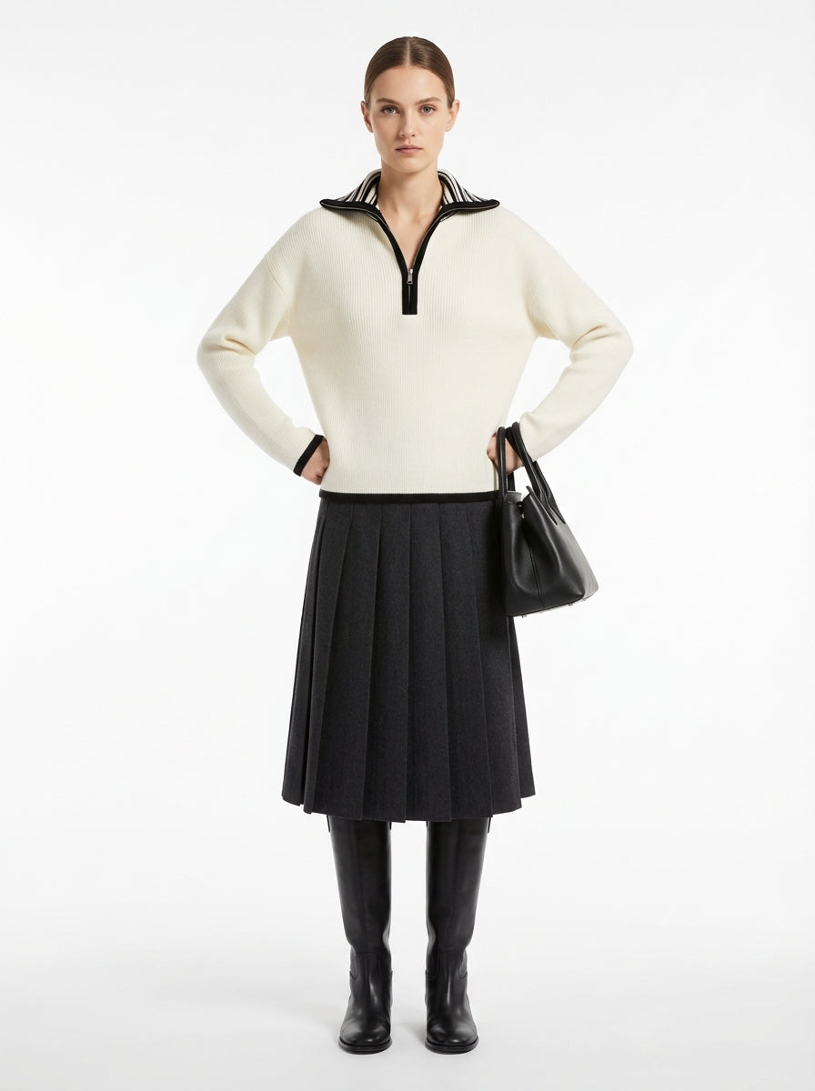 LadyLuxury | Minimalist Half-Zip Ribbed Sweater - Monochrome Relaxed Fit Knit