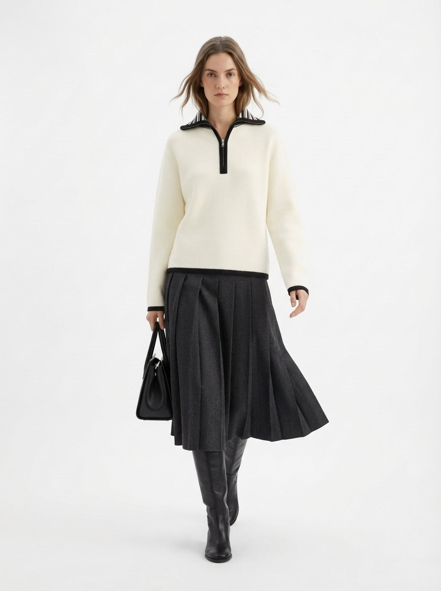 LadyLuxury | Minimalist Half-Zip Ribbed Sweater - Monochrome Relaxed Fit Knit