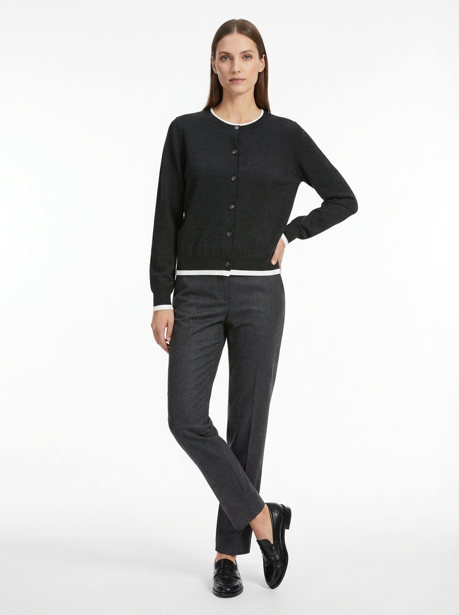 LadyLuxury | Wool Blend Contrast Trim Cardigan - Old Money Aesthetic Knit Top