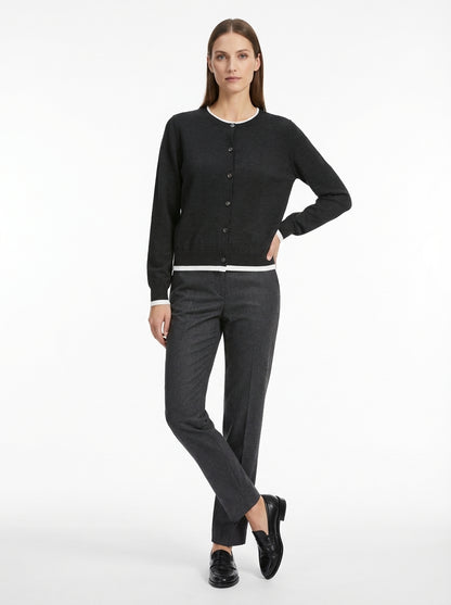 LadyLuxury | Wool Blend Contrast Trim Cardigan - Old Money Aesthetic Knit Top