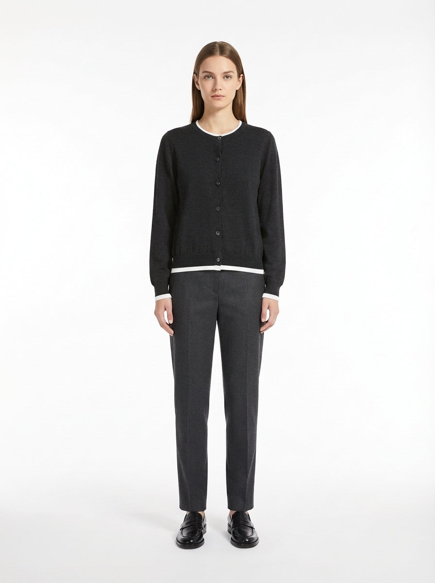 LadyLuxury | Wool Blend Contrast Trim Cardigan - Old Money Aesthetic Knit Top