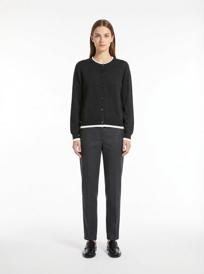 LadyLuxury | Wool Blend Contrast Trim Cardigan - Old Money Aesthetic Knit Top