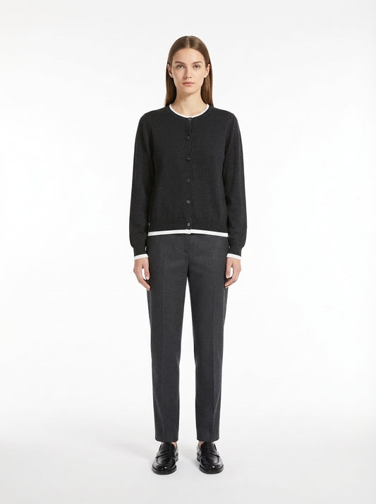 LadyLuxury | Wool Blend Contrast Trim Cardigan - Old Money Aesthetic Knit Top