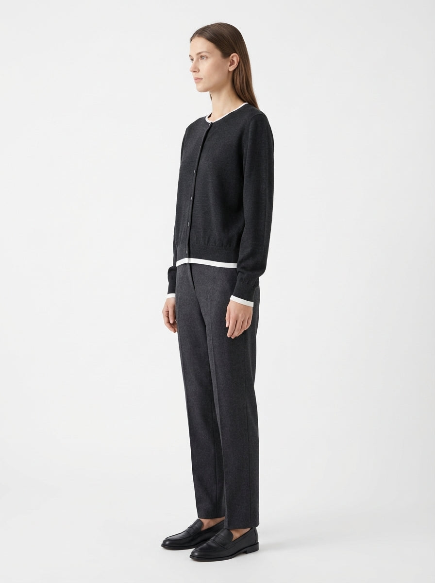 LadyLuxury | Wool Blend Contrast Trim Cardigan - Old Money Aesthetic Knit Top