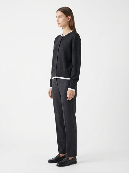 LadyLuxury | Wool Blend Contrast Trim Cardigan - Old Money Aesthetic Knit Top