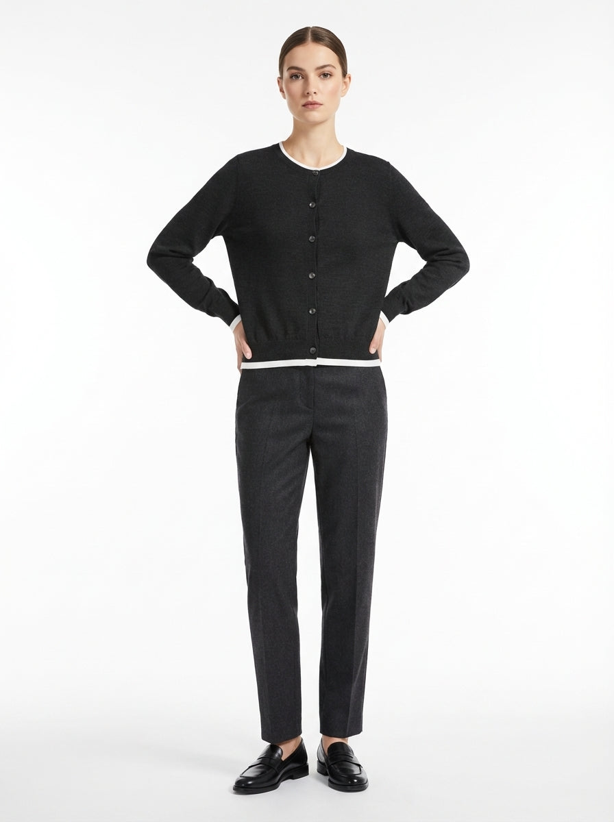 LadyLuxury | Wool Blend Contrast Trim Cardigan - Old Money Aesthetic Knit Top