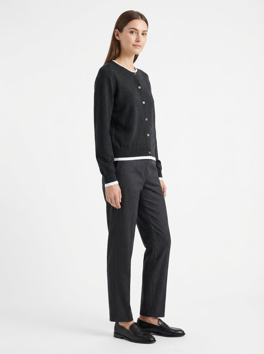 LadyLuxury | Wool Blend Contrast Trim Cardigan - Old Money Aesthetic Knit Top