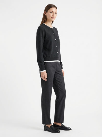 LadyLuxury | Wool Blend Contrast Trim Cardigan - Old Money Aesthetic Knit Top
