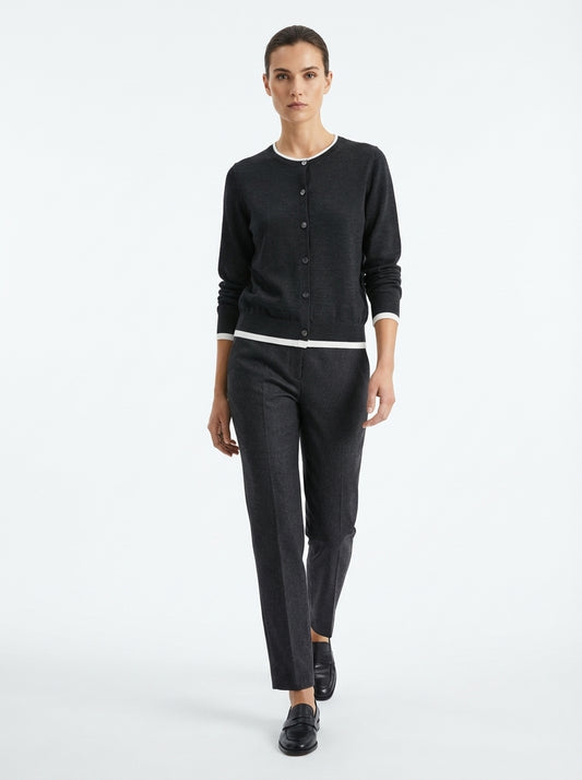 LadyLuxury | Wool Blend Contrast Trim Cardigan - Old Money Aesthetic Knit Top