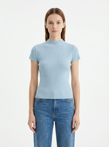 LadyLuxury | Semi-High Neck Short Sleeve Wool Knit Sweater - Parisian Slim Fit Top