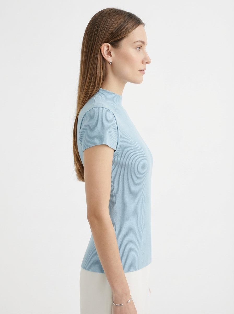 LadyLuxury | Semi-High Neck Short Sleeve Wool Knit Sweater - Parisian Slim Fit Top