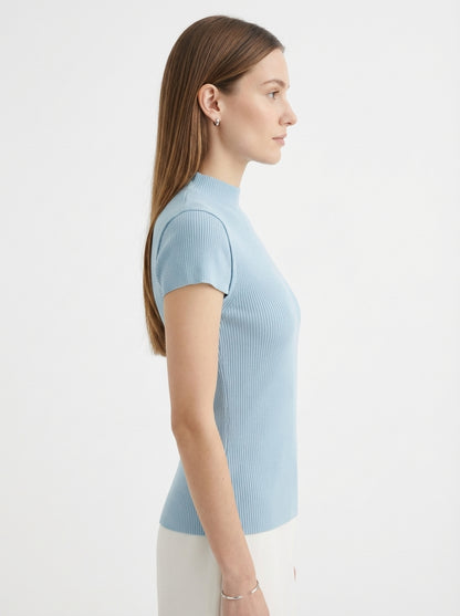 LadyLuxury | Semi-High Neck Short Sleeve Wool Knit Sweater - Parisian Slim Fit Top