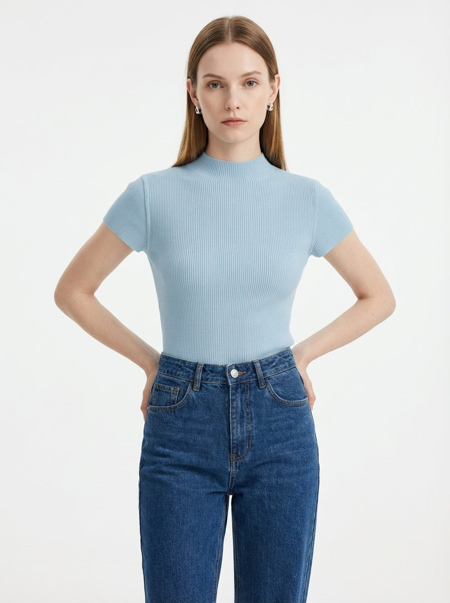 LadyLuxury | Semi-High Neck Short Sleeve Wool Knit Sweater - Parisian Slim Fit Top