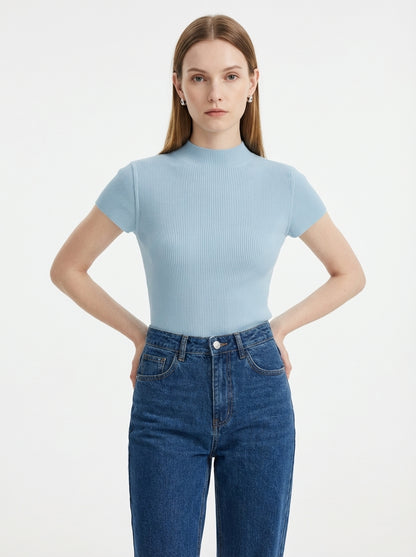 LadyLuxury | Semi-High Neck Short Sleeve Wool Knit Sweater - Parisian Slim Fit Top