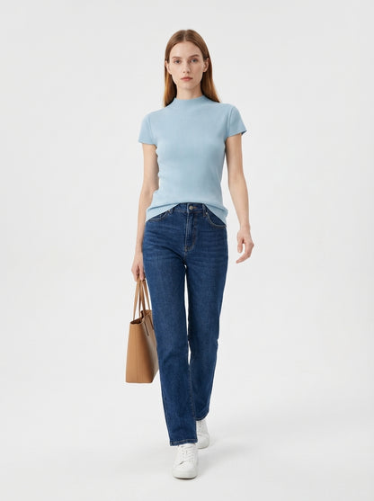 LadyLuxury | Semi-High Neck Short Sleeve Wool Knit Sweater - Parisian Slim Fit Top