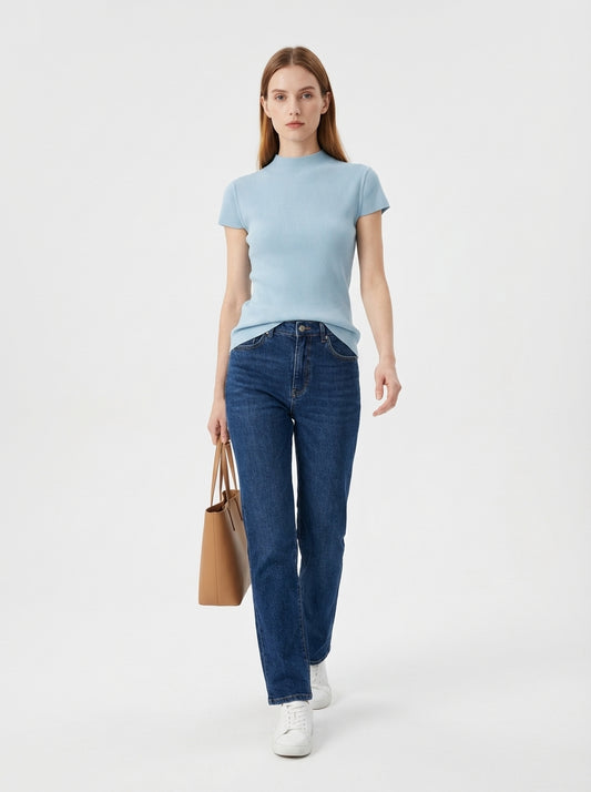 LadyLuxury | Semi-High Neck Short Sleeve Wool Knit Sweater - Parisian Slim Fit Top