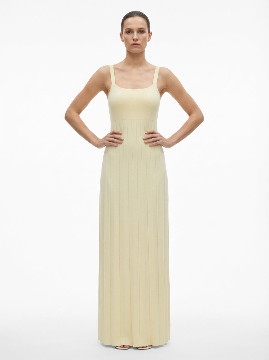 LadyLuxury | Knitted Square Neck Pleated Maxi Dress - Minimalist Summer Vacation Style