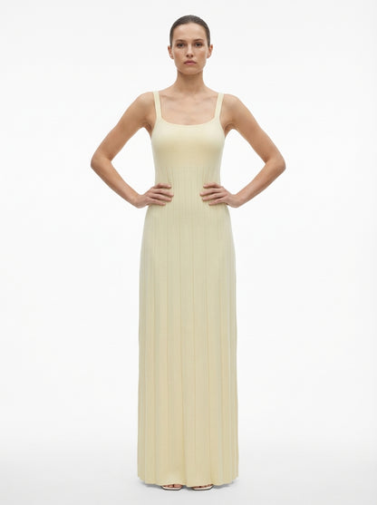 LadyLuxury | Knitted Square Neck Pleated Maxi Dress - Minimalist Summer Vacation Style