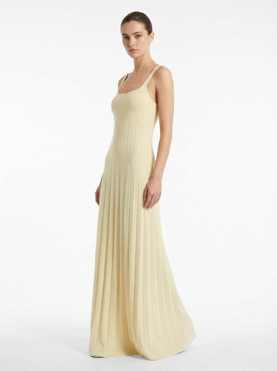 LadyLuxury | Knitted Square Neck Pleated Maxi Dress - Minimalist Summer Vacation Style