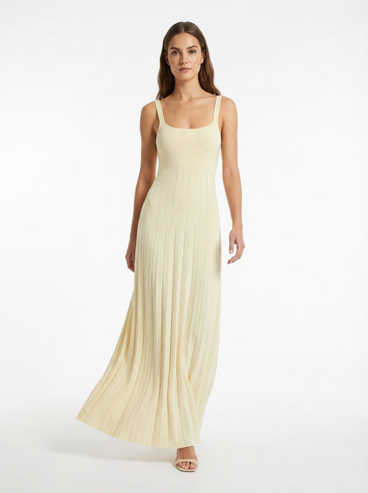 LadyLuxury | Knitted Square Neck Pleated Maxi Dress - Minimalist Summer Vacation Style