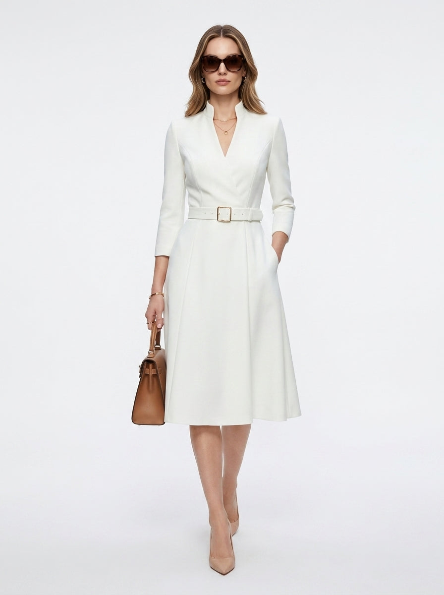 LadyLuxury | Elegant V-Neck Belted Midi Dress - A-Line Waist Cinched Long Sleeve Dress