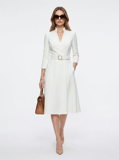 LadyLuxury | Elegant V-Neck Belted Midi Dress - A-Line Waist Cinched Long Sleeve Dress
